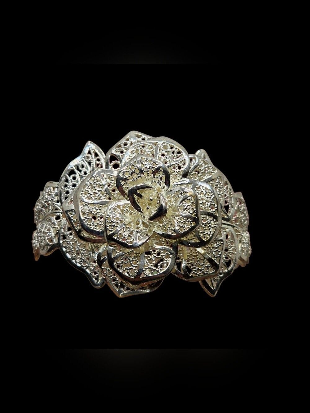 Sterling Silver Floral Filigree Rose Statement Bracelet